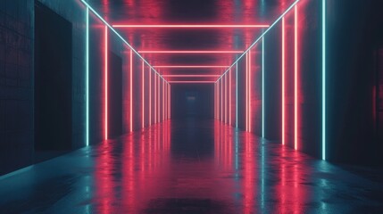 Poster - Futuristic abstract scene featuring glowing neon lines in a dark tunnel with reflections on the floor and ceiling creating an empty central background 3D rendering visualization