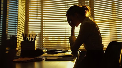 Poster - Businesswoman resting her head on her hands, cluttered desk in the foreground, soft morning light filtering through the blinds, low-angle shot focusing on her posture, conveying mental exhaustion 