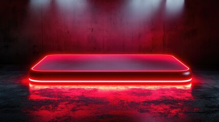 Poster - red neon light product display on a grunge floor stage with a glowing spotlight and blank platform 3
