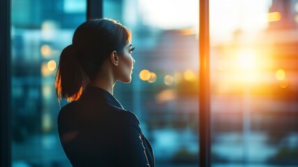 Poster - A businesswoman gazing out of a large window, dark office space behind her, soft sunset light illuminating her figure, over-the-shoulder shot from behind, capturing her in deep reflection.  