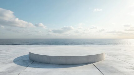 Poster - empty concrete floor with a circular white podium 3d rendering of a plaza overlooking the sea with a