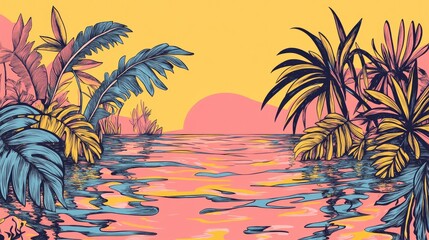 Poster - Abstract Artistic Illustration of Tropical Foliage Reflection on Water Surface for Background Template