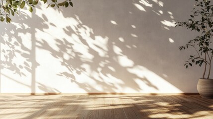 Poster - 3D rendering of a studio room background featuring a wooden floor and white plaster wall enhanced by cozy sunlight filtering through a window and casting summer leaf shadows showcasing an empty li