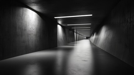 Poster - 3D rendering of an abstract dark concrete tunnel design featuring dynamic lighting
