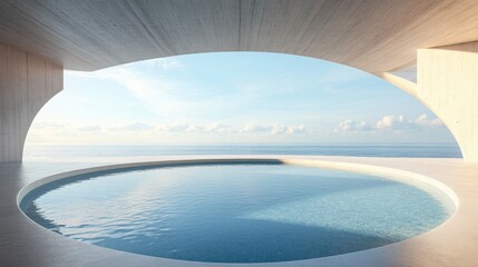 Poster - 3d rendering of an empty round concrete podium floor and a pool with water featuring an abstract int