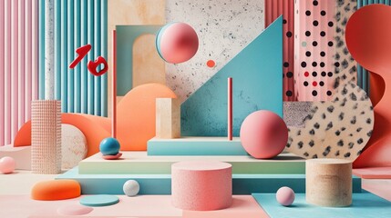Poster - Podium and stand set against a pastel background with scattered objects Premium geometric backdrop suitable for promoting various goods items bags and shoes Trendy illustration and graphic design 