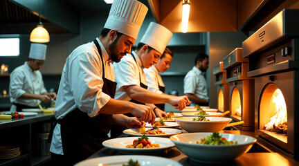 Professional Chefs Preparing Dishes in a Busy Kitchen