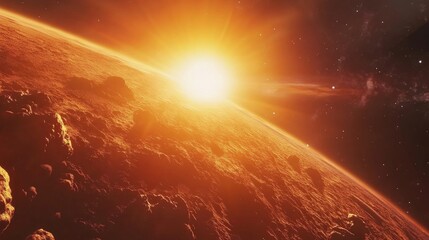 Wall Mural - highly detailed epic sunrise from space in 3d cartoon rendering