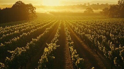 Poster - A sprawling vineyard at sunrise, golden light bathing rows of grapevines, wide-angle shot capturing the lush green vines stretching into the misty distance, with dew glistening on the leaves.  