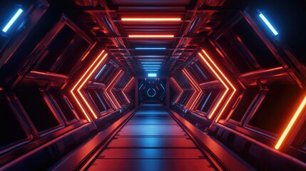 Poster - 3d rendering of a dark abstract sci fi tunnel featuring a futuristic triangular spaceship corridor