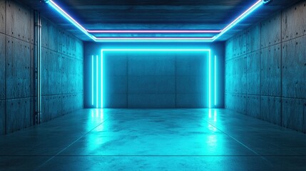 Poster - Vibrant Blue Neon Laser Sci Fi Modern Concrete Garage Warehouse Bunker Underground Storage Podium Stage Realistic Tunnel Corridor with Glowing Lights in a Dark Cyber Background 3D Rendering Illust