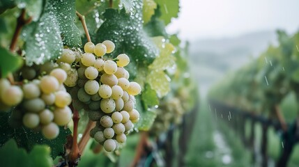 Poster - Misty morning in a grape garden, vines heavy with dew-covered grapes, wide-angle shot with soft light creating a serene, quiet atmosphere, hills rising in the misty distance.  