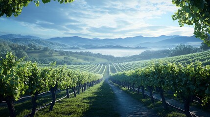 Sticker - Misty morning in a grape garden, vines heavy with dew-covered grapes, wide-angle shot with soft light creating a serene, quiet atmosphere, hills rising in the misty distance. 