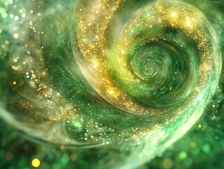 Poster - Glittering swirl with an abstract background featuring green and gold sparkles A fantasy fractal texture enhanced by shallow depth of field Digital artwork in 3D