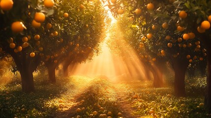 Canvas Print - A vibrant orange grove at sunrise, warm golden light illuminating rows of trees laden with ripe oranges, wide-angle shot capturing the lush greenery stretching into the misty horizon.  