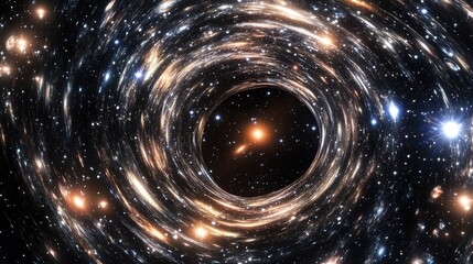 Canvas Print - Black hole with gravitational lens effect in front of bright stars 3D cartoon rendering