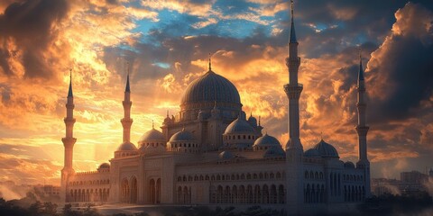 Wall Mural - Mosque with minarets at sunset.