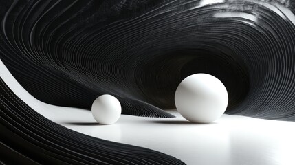 Poster - Dynamic abstract black interior featuring smooth white objects 3D illustration and rendering