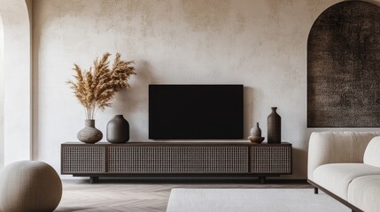 Poster - 3D rendering of a minimalist living room featuring a cabinet for a TV a sofa and decorative accessories against a white plaster wall