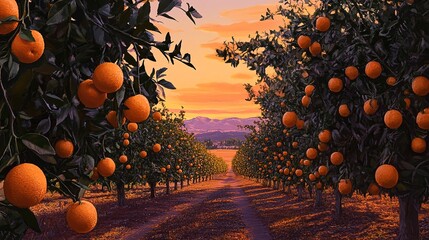 Wall Mural - A rustic orange grove at dusk, the warm hues of sunset bathing the trees, low-angle shot of the vibrant oranges hanging in clusters, with the horizon glowing in shades of pink and orange. 