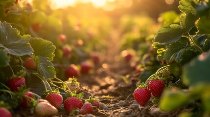 Wall Mural - A peaceful strawberry garden at sunset, golden light streaming over the plants, wide-angle shot capturing rows of strawberry bushes with ripe fruit scattered on the ground 