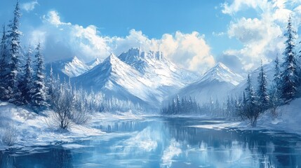 Oil painting depicting a serene landscape with a snow covered castle amongst clouds a mountain creek flowing into a glacial lake and reflections of snowy peaks and coniferous trees in a tranquil a