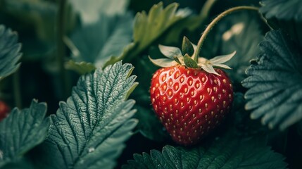 Poster - Close-up of a ripe strawberry nestled among green leaves, sunlight highlighting its texture and vibrant color, background softly blurred to emphasize the detail of the fruit and foliage 