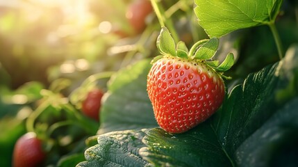 Poster - Close-up of a ripe strawberry nestled among green leaves, sunlight highlighting its texture and vibrant color, background softly blurred to emphasize the detail of the fruit and foliage. 