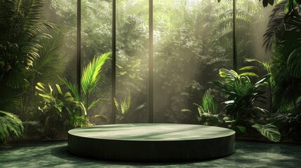 Poster - Green podium stage set against a glass tropical backdrop 3D render