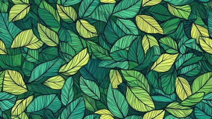 Poster - Vibrant seamless pattern featuring hand drawn doodle leaves in shades of green