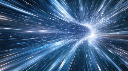 Poster - Futuristic light streaks create an abstract background simulating warp or hyperspace motion with star trails Dynamic particle light lines evoke a sense of expanding movement and exploding stars