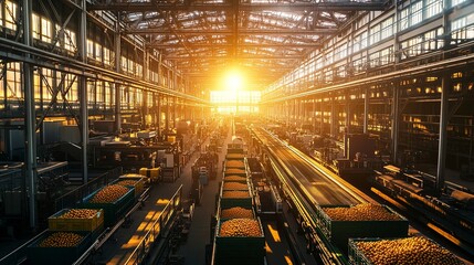 Sticker - A sprawling fruit factory at sunrise, golden light reflecting off metal structures, wide-angle shot capturing rows of industrial machines and conveyor belts 