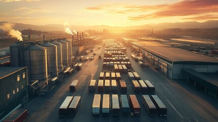 Poster - A sprawling meat factory at sunrise, wide-angle shot capturing rows of industrial equipment, large silos, and delivery trucks lined up, soft golden light reflecting off the cold metal surfaces.  