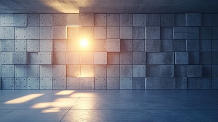 Poster - concrete cubes forming a basement wall illuminated by daylight create a textured industrial backdrop
