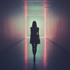 A backlit silhouette of a woman stands in a futuristic corridor, encapsulating mystery and modern elegance.