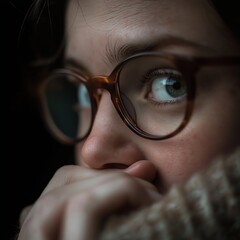 a scared looking person peers through a warm-toned scarf, round glasses perched securely on their no