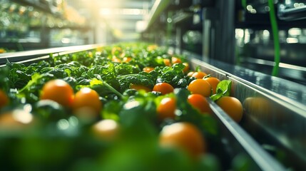 Wall Mural - Close-up of fresh vegetables moving along a conveyor belt, soft factory lighting reflecting off the polished steel surfaces, background blurred to focus on the vibrant green and orange produce. 