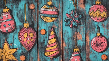 Coloring page featuring festive decorations and ornaments on a wooden surface with decorative cones