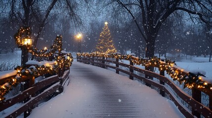 Wall Mural - Side-angle shot of a snow-covered bridge decorated with garlands and Christmas lights, soft snowfall creating a festive atmosphere, with the distant view of a lit Christmas tree in a park.  