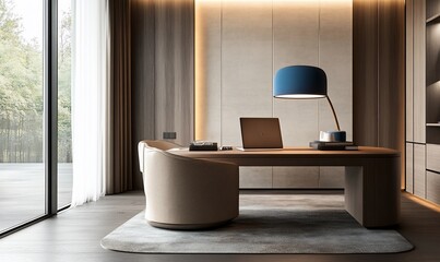 Modern minimalist home office with a large window, wooden desk, comfortable chair, and a blue lamp.