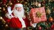 © Official - Happy Santa Claus with a Gift in Front of a Tree