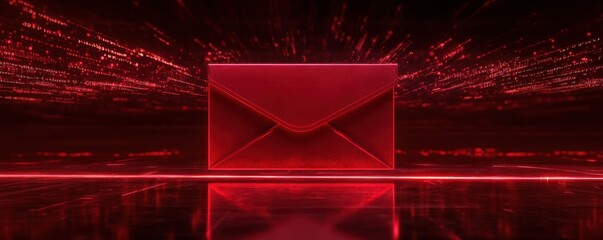 Poster - Red envelope icon, background with red light streaks, futuristic style, symmetrical composition, high-contrast lighting, 3D rendering