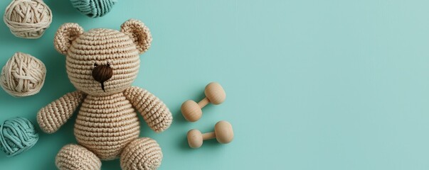 Eco-Friendly Handmade Baby Toys: Eco-friendly handmade baby toys including wooden rattles and a crocheted teddy bear on a mint background, perfect for child-friendly and sustainable themes.