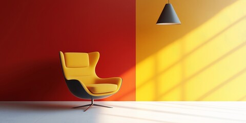 Bright yellow chair sits stylishly against contrasting walls, casting elegant shadows across the minimalist design.