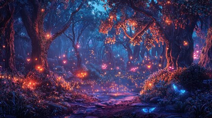 Wall Mural - fairytale-inspired enchanted forest scene at night, filled with magical glowing creatures.