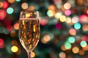 Festive champagne toast complemented by vibrant bokeh lights, ideal for celebrations and parties.