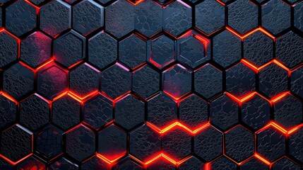 Wall Mural - metallic overlap wallpaper design with red light hexagon mesh pattern