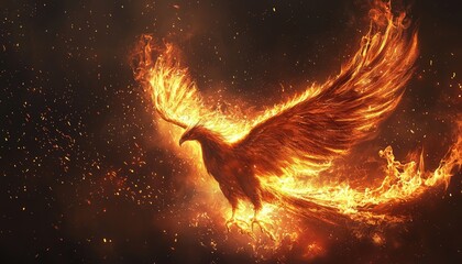 Wall Mural - fiery phoenix rising from flames against a dark background, symbolizing rebirth and hope