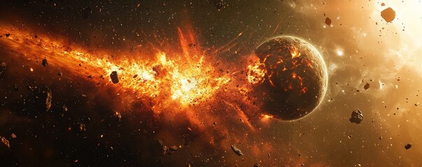Wall Mural - fiery explosion engulfing a planet, with debris scattering across space