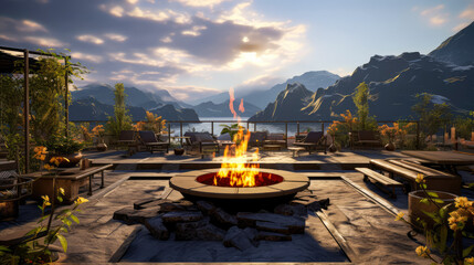 Wall Mural - Rooftop Garden and Fire Pit Atop a Mountain House, Offering Ultimate Relaxation and Breathtaking Views